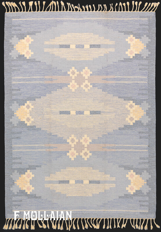 Tappeto Vintage Svedese (a tessitura piatta) di Ingegerd Silow Con Disegno Geometrico e Colore Azzuro n°:14040292